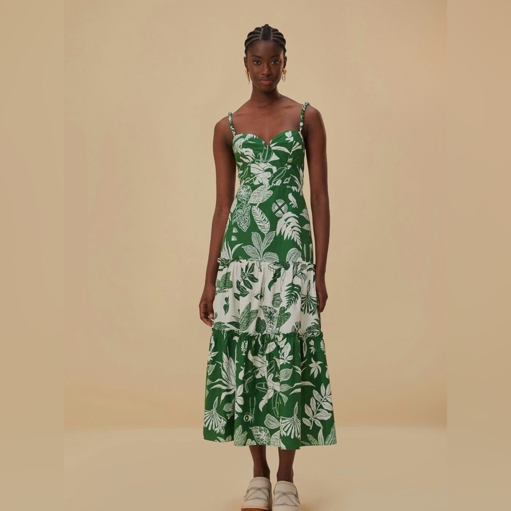 FARM Rio Green and White Midi Dress